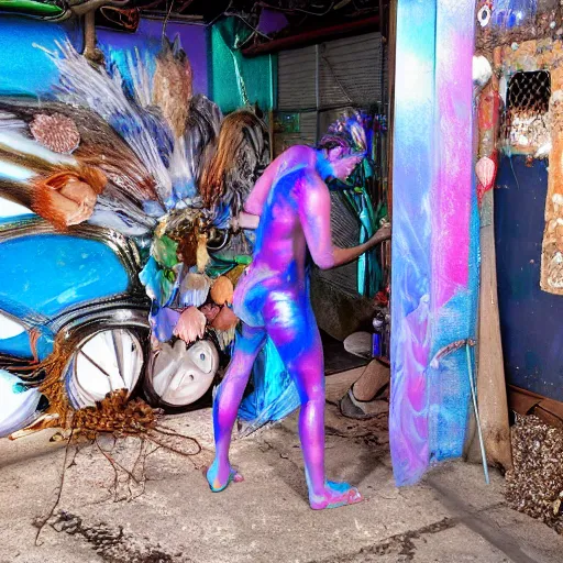 Image similar to a human standing in his garage, he is covered with iridescent bodypaint, his hair has shells and barnacles