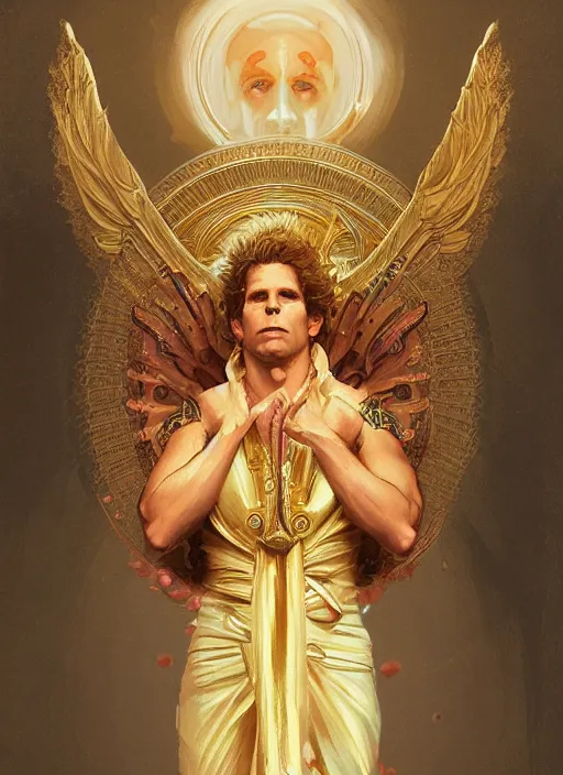 Image similar to Dennis Reynolds as the Golden God, divine, angelic, intricate, highly detailed, digital painting, artstation, concept art, sharp focus, illustration, art by greg rutkowski and alphonse mucha