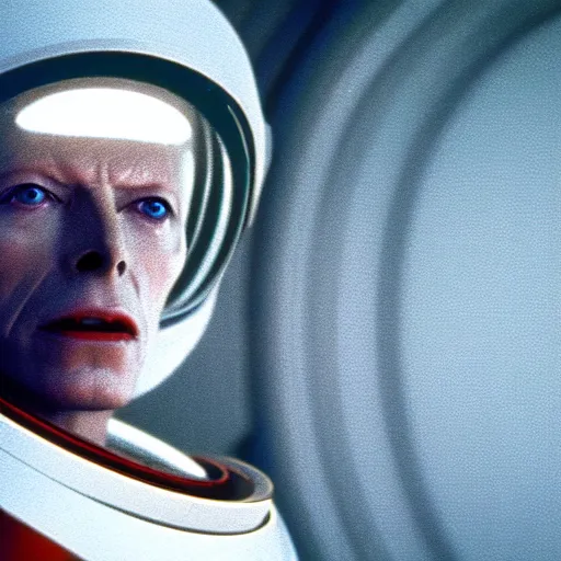 Image similar to film still of David Bowie as David Bowman in 2001 a space odyssey, 4k