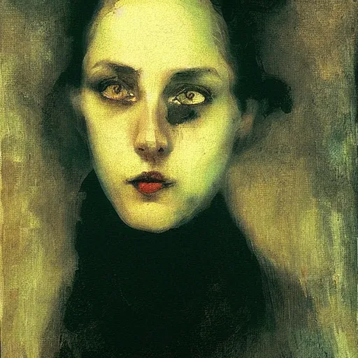 Image similar to portrait of a mysterious woman with a long shadow, by Ilya Repin and Dave McKean