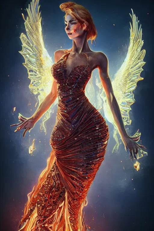 Prompt: torso closeup model wearing exploding fire dress, sorcerer, diamonds, angel, fantasy, dramatic lighting, d & d, deep focus, d & d, fantasy, intricate, elegant, highly detailed, digital painting, artstation, concept art, matte, sharp focus, illustration, hearthstone, art by artgerm and greg rutkowski and alphonse mucha