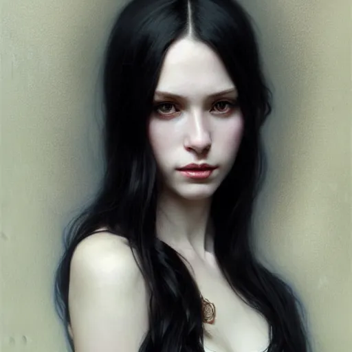 Image similar to Portrait of a beautiful, pale skin, female with long black hair, dark, piercing eyes, elegant clothing, photorealistic, highly detailed, artstation, smooth, sharp focus, art by Klimt, artgerm, Greg Rutkowski and Alphonse Mucha