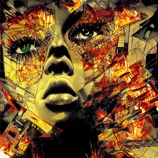 Prompt: she is burning her digital past with glitched flames made of bits, oil on canvas by dave mckean and yoji shinkawa