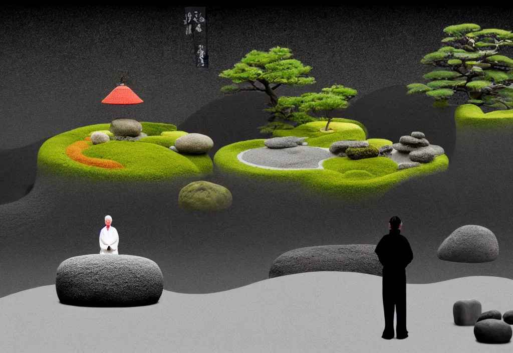 Prompt: a lone priest tending a zen garden kyoto, japan, a collage painting, in the style of wes anderson, lola dupre, david hockney, isolated on negative white space background dark monochrome fluorescent neon spraypaint accents volumetric octane render