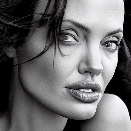 Prompt: angelina jolie still, natural light failling on her face, medium - shot, by annie leibowitz