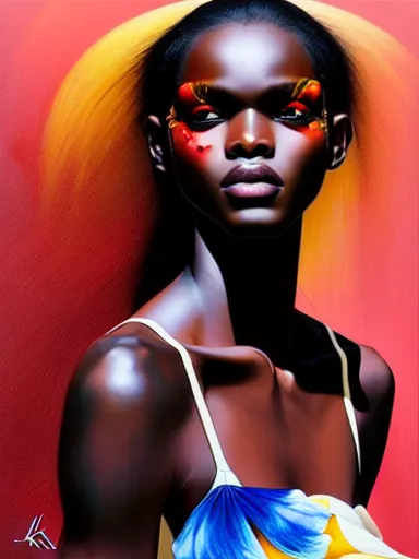 Image similar to a portrait of duckie thot with a floral background by karol bak, artgerm, moebius, yoji shinkawa : : portrait, illustration, photorealism, hyperrealism