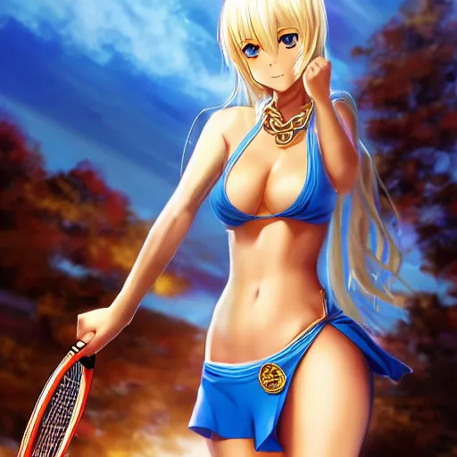 Image similar to full body shot : a very beautiful young blond tennis anime girl, sky blue eyes, golden chains, tattoo, bikini, miniskirt, highly detailed, cinematic wallpaper by stanley artgerm lau