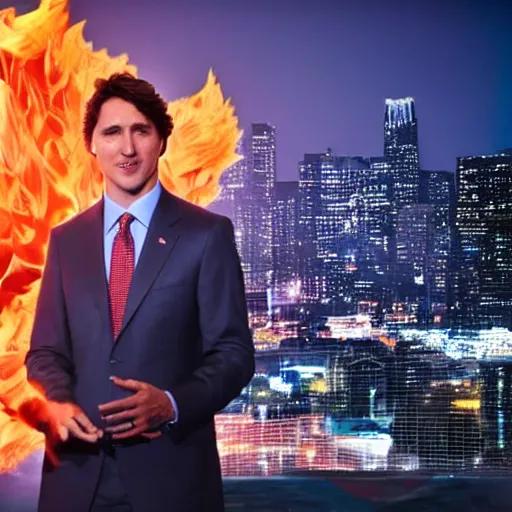 Prompt: a still of Justin Trudeau breathing fire at Obama . He's wearing a suit, dark. Studio lighting, shallow depth of field. Professional photography City at night in background, lights, colors,4K