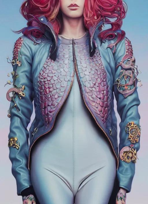 Image similar to skintight leather jacket : : by martine johanna and simon stalenhag and chie yoshii and casey weldon and wlop : : ornate, dynamic, particulate, rich colors, intricate, elegant, highly detailed, centered, artstation, smooth, sharp focus, octane render, 3 d