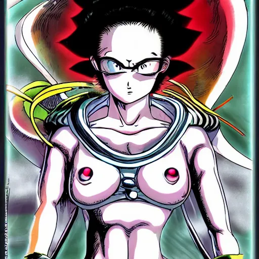 Image similar to a modern age goddess of death in the style of akira toriyama in the style of Hirohiko Araki detailed realistic High Resolution HD 8k