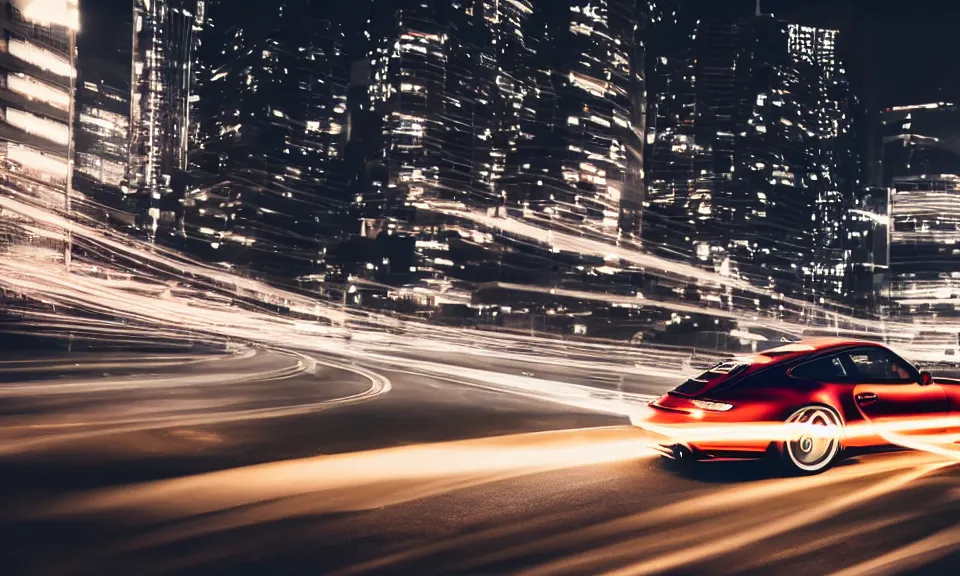 Image similar to photo of a porsche 911 at night drifting through a city, cinematic, 4k, long exposure photography, tokyo drift, fast and furious, film still, night photography, motion blur, lens flare, movie shot, light trail, distortion, wide angle