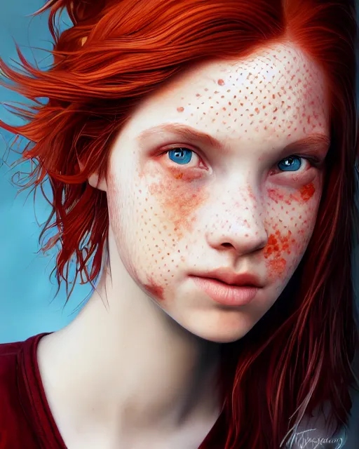 Image similar to portrait of 1 4 - year - old girl with flaming red hair, a lot of freckles, and bright brown eyes, wearing shirt, hyper realistic face, beautiful eyes, character art, art by mark brooks, hyperdetailed, cryengine, trending on artstation, digital art