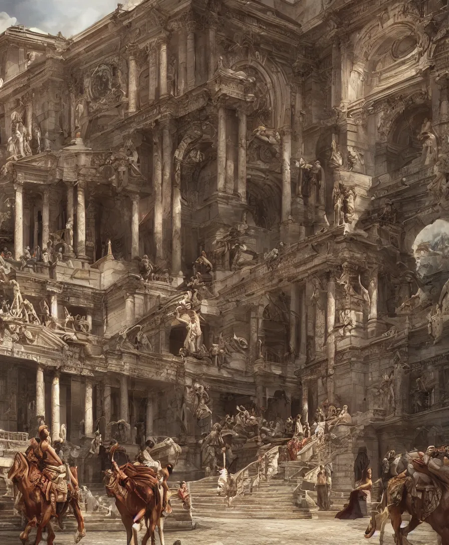 Prompt: beautiful Hyperrealistic Grand entrance to a Roman market, highly detailed, digital painting, artstation, concept art, illustration, photorealism, epic, vray