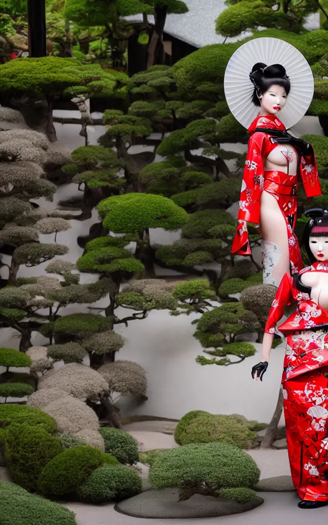 Prompt: a futuristic fetish geisha wearing a latex tomesode with traditional japanese pattern, heavy black okobo shoes, in a futuristic zen garden, 4 k