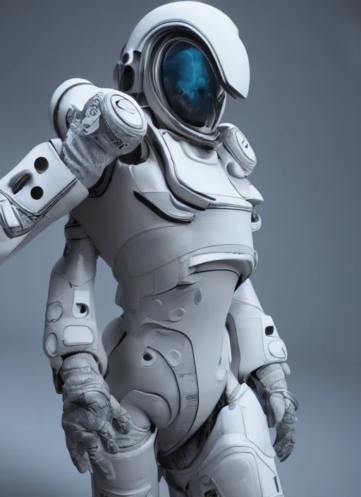 Image similar to a Photorealistic dramatic hyperrealistic render of a futuristic exospacesuit,Ultra realistic details,glossy white,weathered surfaces,by Vitaly Bulgarov and Mike Nash,Beautiful dramatic dark moody tones and lighting,cinematic atmosphere,studio lighting,shadows,dark background, Octane render,8K