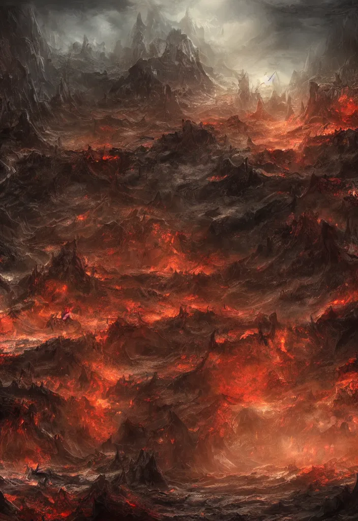 Image similar to landscape of hell with people suffering and ghost, digital art, concept art, deviantart. highly detailed