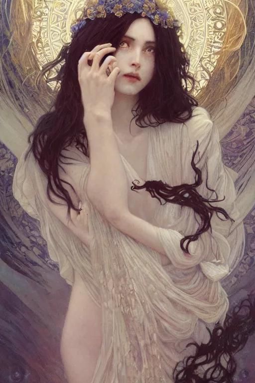 Image similar to goddess of moon, long dark hair, sad eyes, pale skin, elegant, fantasy, intricate, highly detailed, digital painting, artstation, concept art, smooth, sharp focus, art by art by Artem Demura and Alphonse Mucha, ArtGerm, valentina remenar, ruan jia