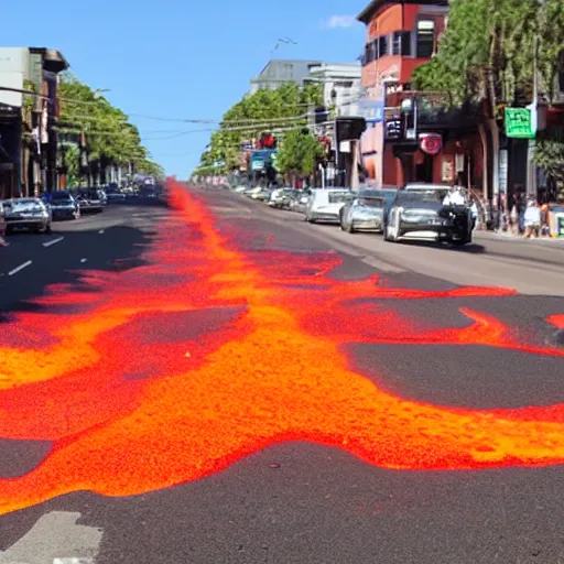 Image similar to streets filled with lava, suburban hot sunny day