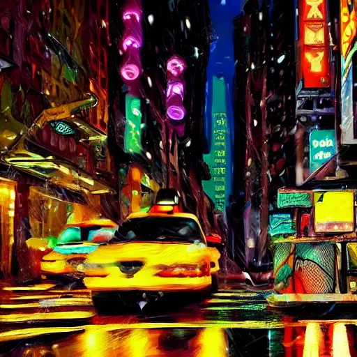 Image similar to « a man walking in a night raining streets, new york, big city, taxi, cars, shops one the side with neons, digital art, highly detailed »