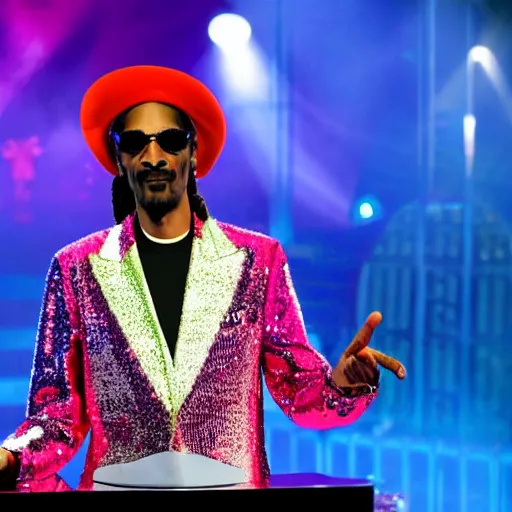 Image similar to Snoop Dogg wearing a pink sequin jacket and a sombrero, standing hosting a game show stage, studio lighting