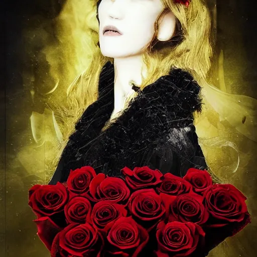 Image similar to red like roses fills my dreams and brings me to the place you rest. | white is cold and always yearning, burdened by a royal test. | black the beast descends from shadows. | yellow beauty burns gold.