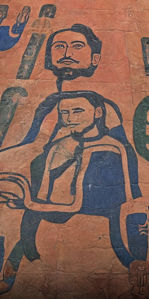 Image similar to sumerian mural of elon musk with ancient car