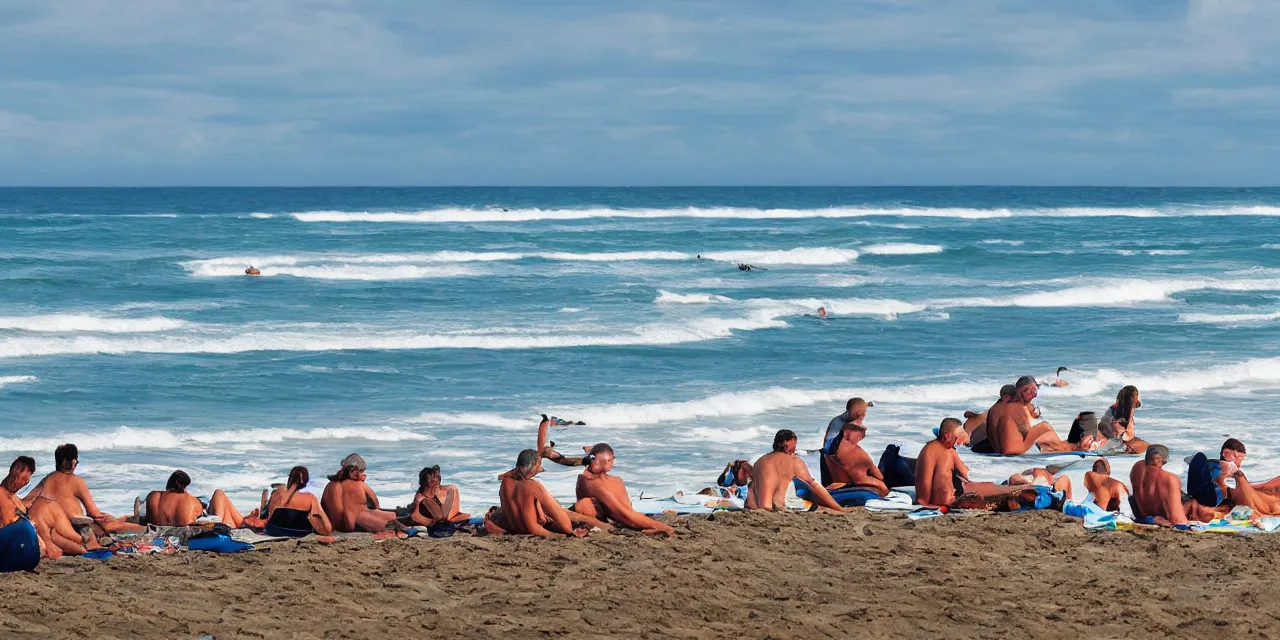 Prompt: panoramic image of a beach scene, surfers relaxing after a fun day of surfing