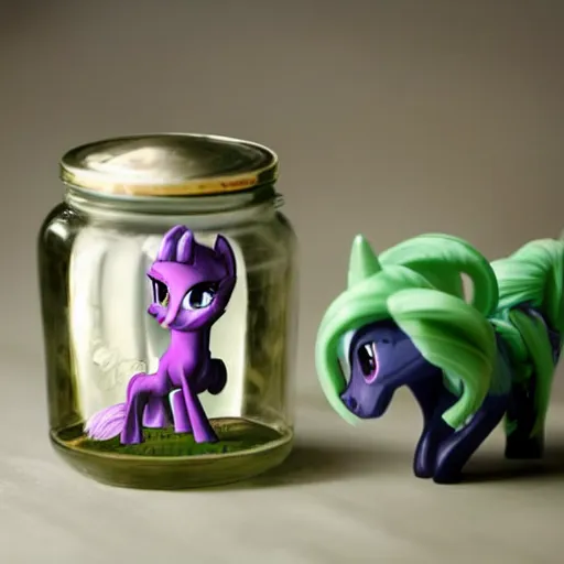 Image similar to a my little pony figurine inside a jar ; the jar is filled with a mysterious sticky yellowish fluid