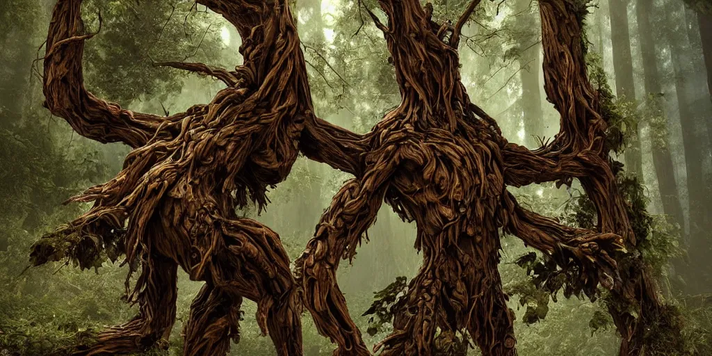 Prompt: humanoid giant - treant creature made from gnarly thick branches, dying, ent treant dryad, in a redwood forest, oak, thick : : dark dying leaves : : realistic, highly detailed matte painting