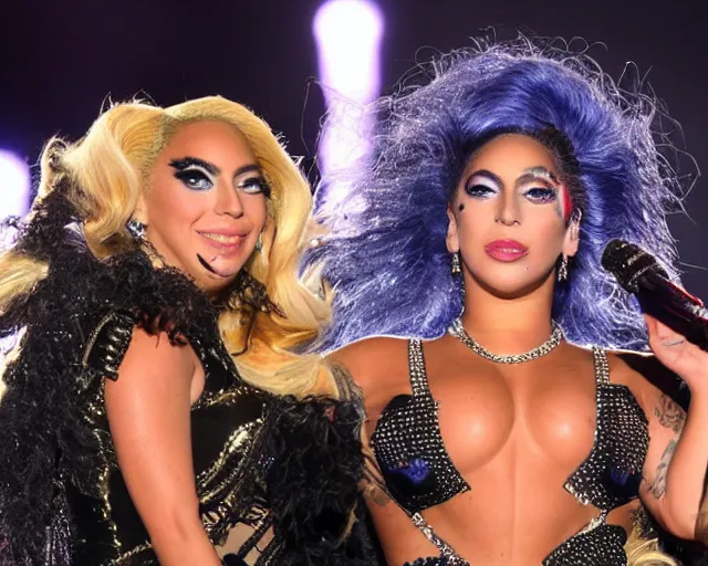 Image similar to Lady gaga and Beyonce perfom together at a concert, EOS 5D, ISO100, f/8, 1/125, 84mm, RAW Dual Pixel, Dolby Vision, HDR, AP, Featured