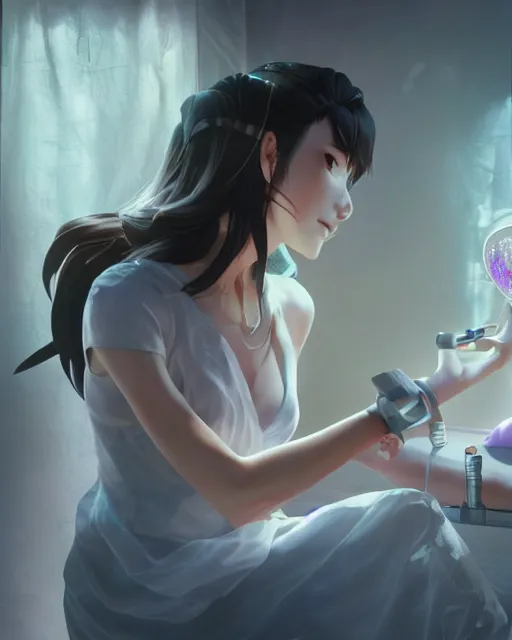 Image similar to goddess getting her blood pressure taken, ambient lighting, full shot, detailed face, 3 d shading, by makoto shinkai, stanley artgerm lau, wlop, rossdraws