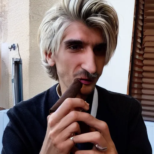 Image similar to a closeup photo of handsome gigachad xqc smoking a cigar