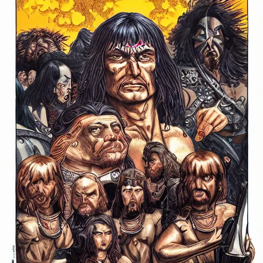 Prompt: precisely drawn illustration of Conan blended with Ringo Starr, wide angle, sharp, fine details, French comic style, vibrant realistic colors, full color, heroic fantasy, intense line art, 8k, precise linework, realistic, in the style of Heavy Metal Comics and Richard Corben and Moebius