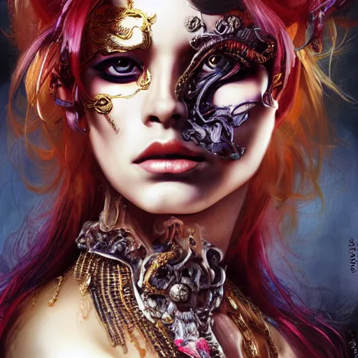 Prompt: portrait, headshot, insanely nice professional hair style, dramatic hair color, digital painting, of a old 17th century, old cyborg Supermodel, amber jewels, baroque, ornate clothing, scifi, realistic, hyperdetailed, chiaroscuro, concept art, art by Franz Hals and Jon Foster and Ayami Kojima and Amano and Karol Bak,