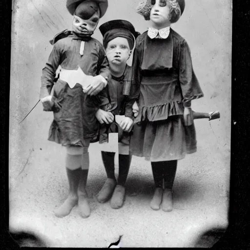 Image similar to Kids in vintage Halloween costumes, photo taken on an old box camera, black and white, film grain, 1920s, Daguerreotype, old photo, detailed, grotesque