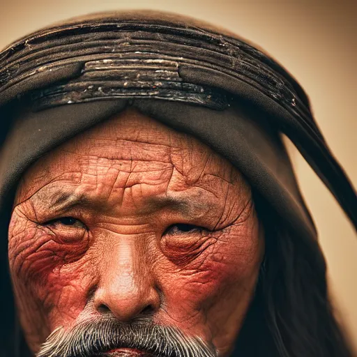 Prompt: stunning beautiful portrait photography of a face detailing middle aged samurai from national geographic magazine award winning, dramatic lighting, taken with Sony alpha 9, sigma art lens, medium-shot