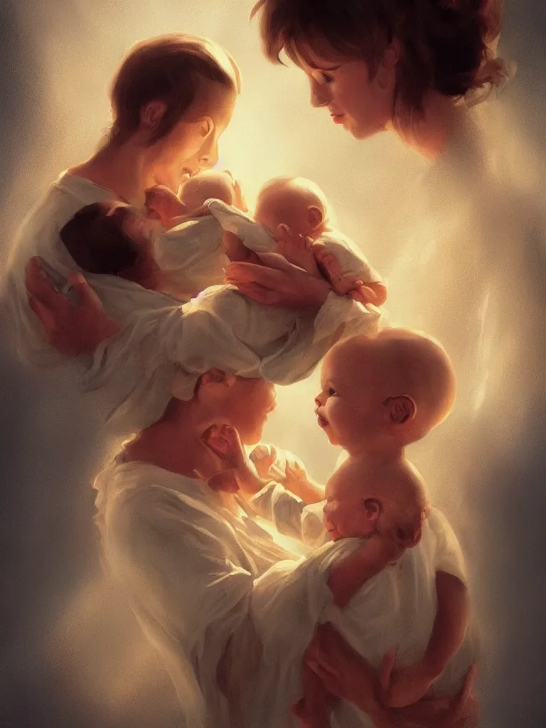 Image similar to mom @ holding up baby by disney concept artists, blunt borders, rule of thirds, golden ratio, godly light, beautiful!!!