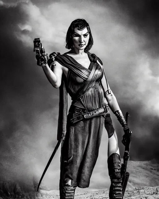 Image similar to photoshoot of gal gadot dressed as imperator furiosa in mad max fury road, photoshoot in the style of annie leibovitz, george miller, alejandro jodorowsky, studio lighting, soft focus 9 mm lens, bokeh