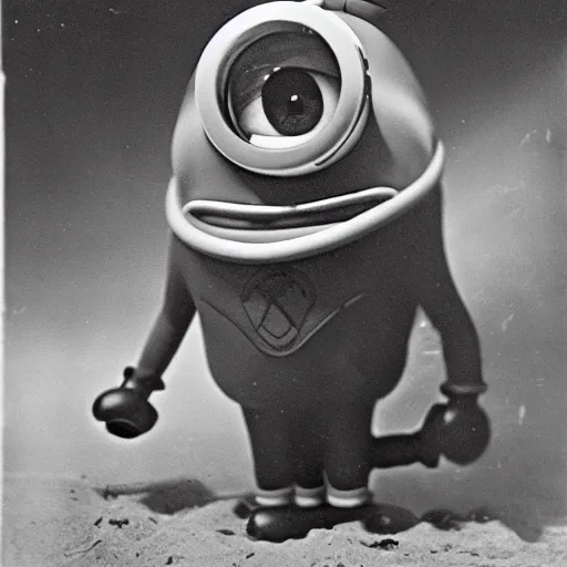 Prompt: old creepy black and white photograph of a minion!!!!! in deep sea diving gear