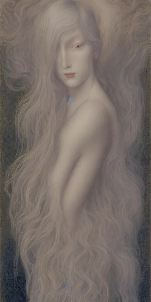 Image similar to Say who is this with silver hair so pale and Wan and thin? in the style of Jean Delville, Lucien Lévy-Dhurmer, Fernand Keller, Fernand Khnopff, oil on canvas, 1896, 4K resolution, aesthetic, mystery