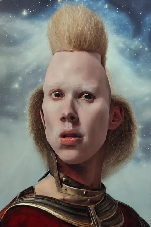 Image similar to hyperrealism oil painting, close - up portrait of albino medieval fashion model, knight, steel gradient mixed with nebula sky, in style of baroque