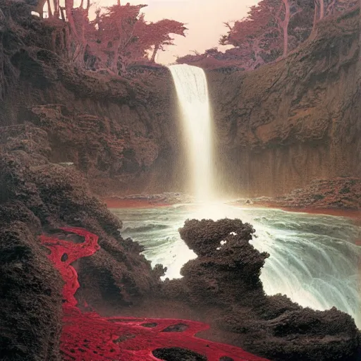 Prompt: Landscape with rivers and waterfalls of blood by Wayne Barlowe