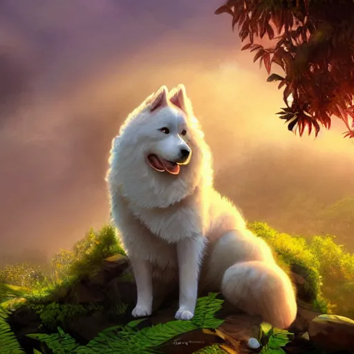 Image similar to a samoyed dog seated on a rock in a jungle!, mist, tropical trees, vines, birds, sunset!, fluffy clouds, warm colors, beautiful lighting, digital art, intricate details, trending on artstation