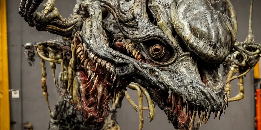 Image similar to photo taken of an epic intricate, ultra detailed, super realistic gritty, hero prop, exquisitely painted animatronic movie prop of a grotesque nightmarish hellish alien creature displayed in the workshop, created by weta workshop, full body shot, photorealistic, sharp focus