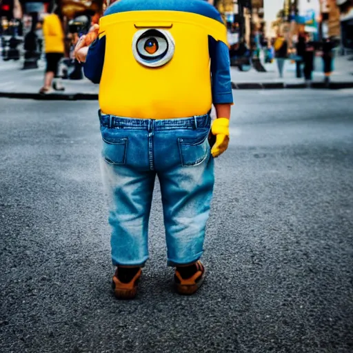 Image similar to candid photo of a real life humanized minion, street photography, beautifully backlit by the sun, detailed portrait shot, 35mm, lens, sony a7z, flickr, hyper realistic, real life, 4k, UHD