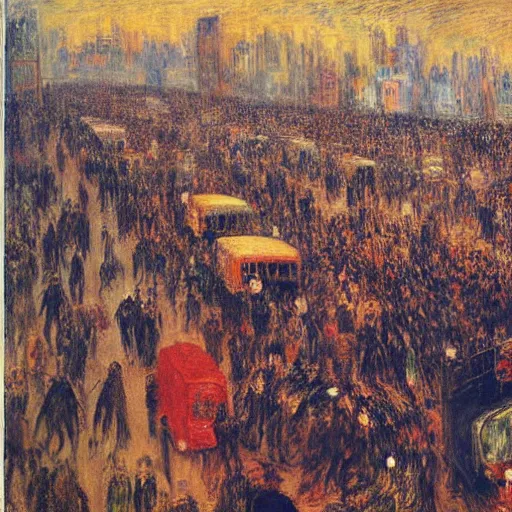 Prompt: Busy cities, many commuters. James Ensor. Oil on canvas.