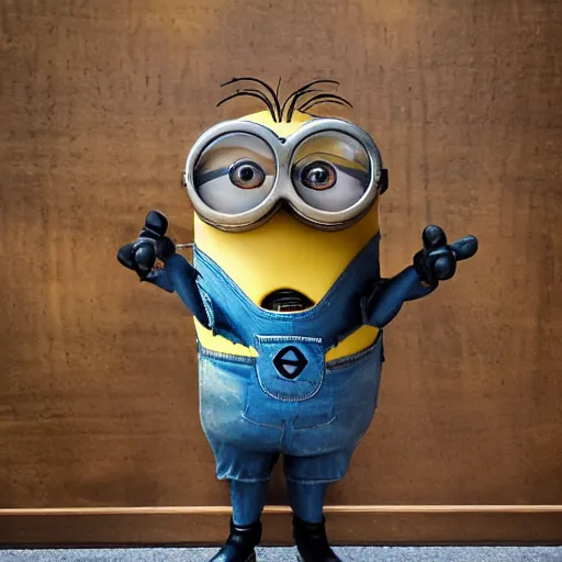 Prompt: photograph of a taxidermied minion in a museum
