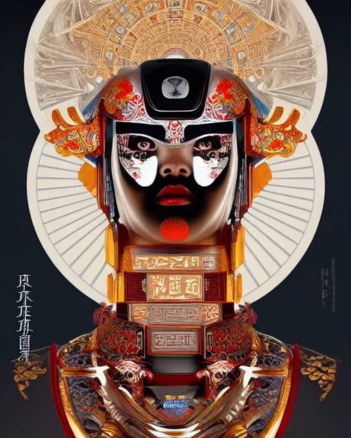 Image similar to symmetry!! portrait of a chinese opera robot, machine face, decorated with pharoanic motifs, intricate, elegant, highly detailed, digital painting, artstation, concept art, smooth, sharp focus, illustration, art by artgerm and greg rutkowski and alphonse mucha, 8 k