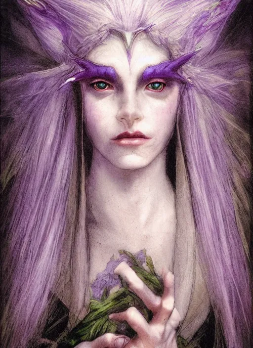 Image similar to portrait of young female sorceress of the endtimes, transluscent skin, lavender hair, beautiful! coherent! dungeons and dragons character, by brian froud, strong line, cool night color, high contrast