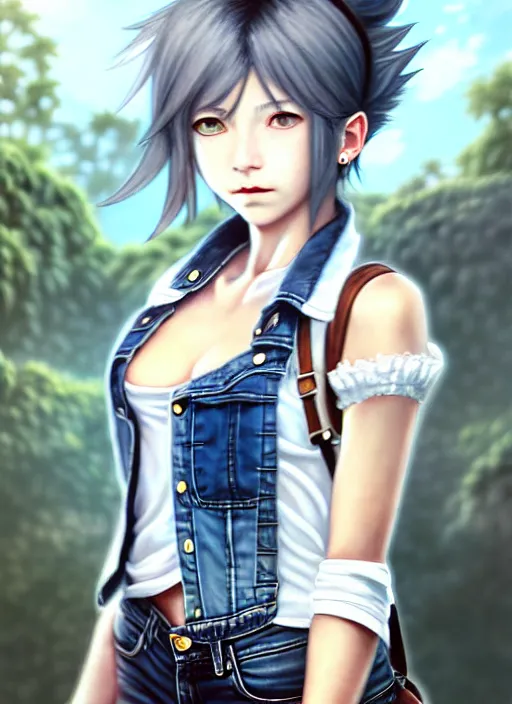 Image similar to a portrait of catgirl wearing white vest, and denim shorts an ultrafine detailed painting, detailed painting, detailed eyes!!, final fantasy, octopath traveler